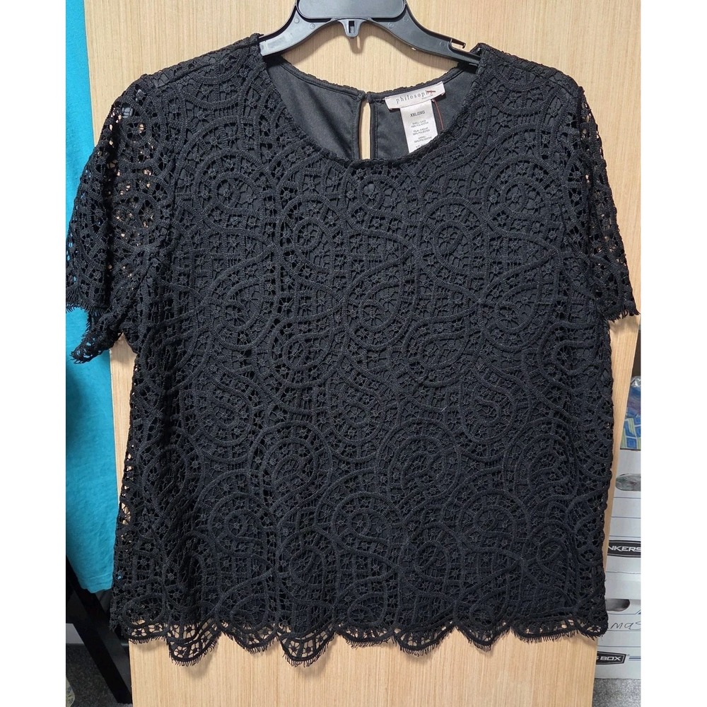 Philosophy Sz XXL Womens Lace Shell Top short sleeve Black‎ Lined Tank